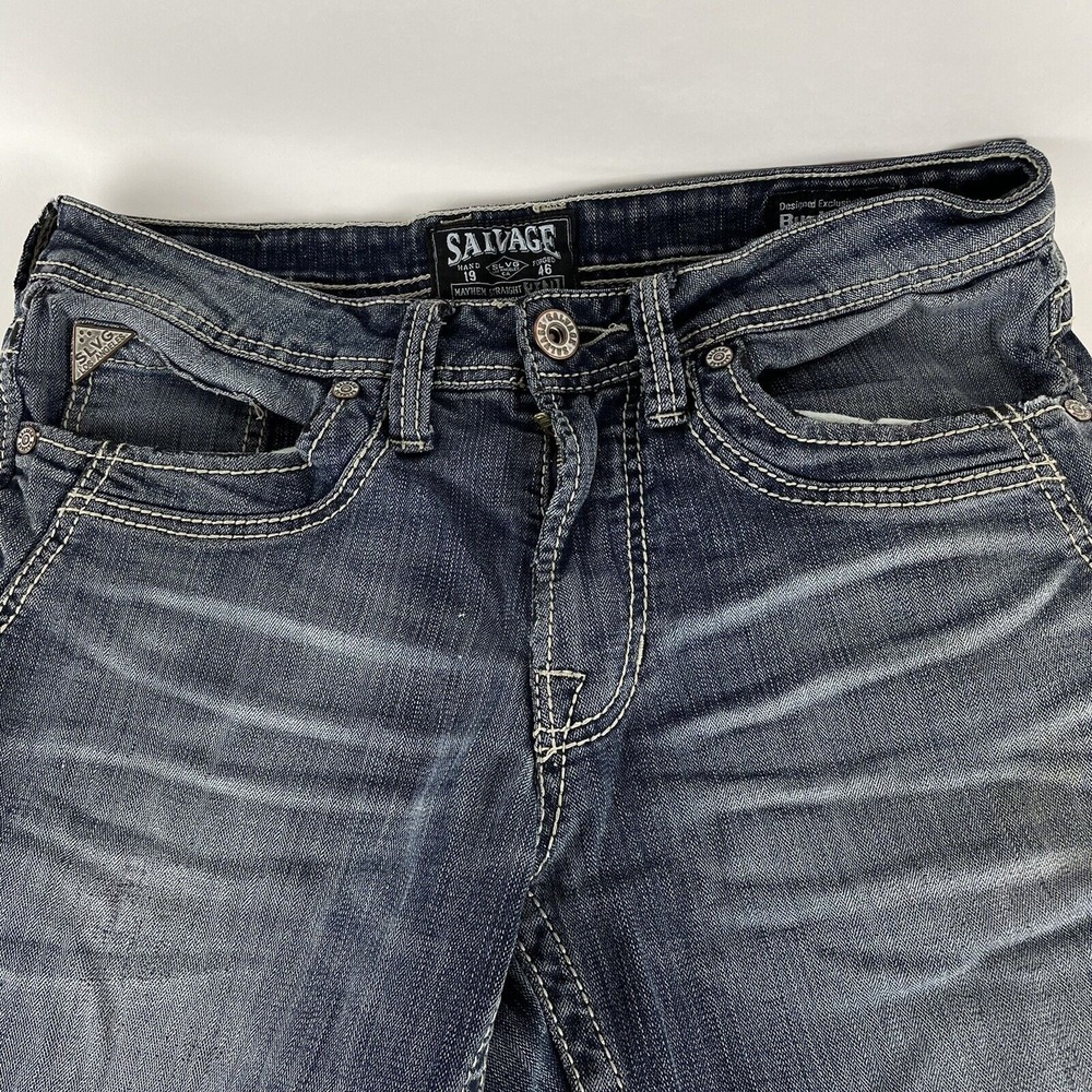 Distressed Salvage Buckle Men's Mayhem Straight Stretch Blue Jeans Size 31R x 28 - Picture 4 of 12